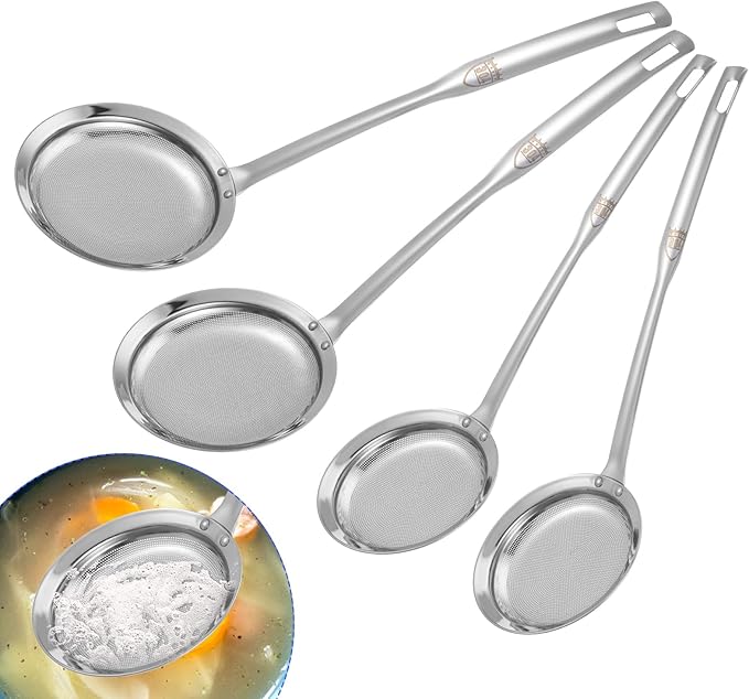 Stainless Steel Fine Mesh Strainer, Set of 4 Fine Mesh Sieve for Kitchen Cooking, Long Handle Food Strainer Steel Colander (Set of 2 Sizes)