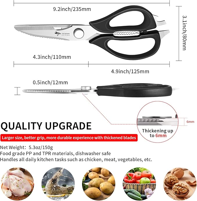 Kitchen Scissors All Purpose Kitchen Shears Come Apart,Stainless Steel Utility Scissors with Comfort Grip,Heavy Duty Poultry Shears for Chicken,Meat,Fish,Dishwash Safe (BLACK)