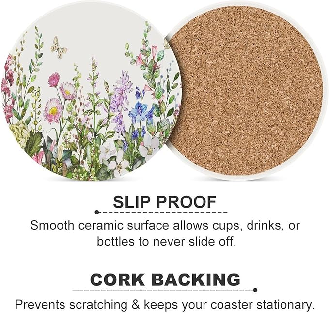 Floral Drink Coasters, Round Ceramic Drink Coaster Round-4PCS, Watercolour Flower Herb Nature Plant Floral Butterfly Decor Absorbent Ceramic Coasters for Beverage Cup, Bar, Coffee Table