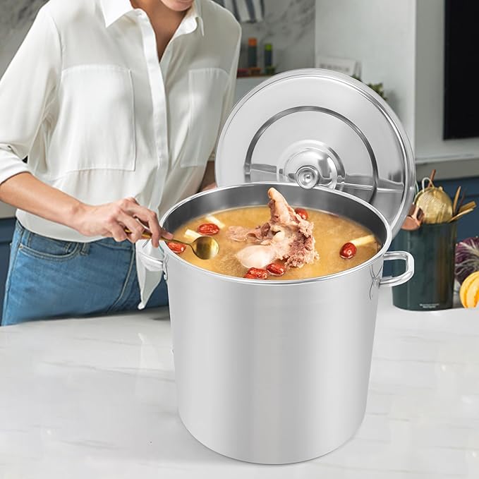 Stainless Steel Stock Pot w/Lid, Commercial Soup Cookware for Home/Restaurant/Hotels, for Stew/Simmering/Soup, Universal Stove Compatible (48L/50.7Qt.)