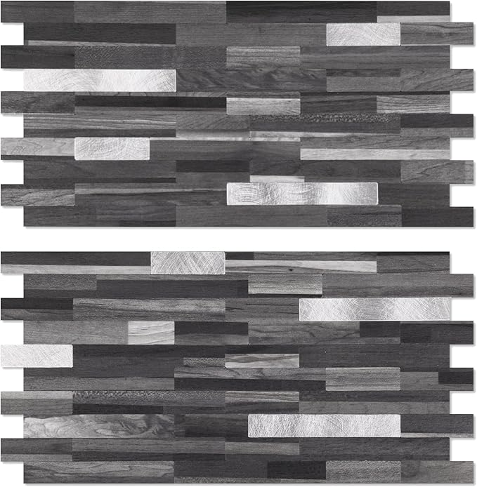 Yipscazo 40 Sheets Peel and Stick Wood Metal Backsplash Tiles, Stick on Backsplash Tiles for Kitchen (6'' X 12'', Black Wood)