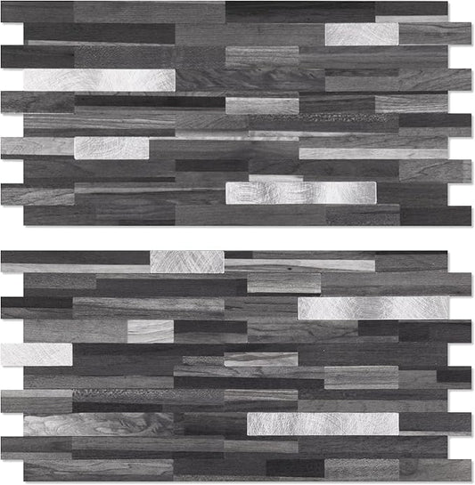 Yipscazo 40 Sheets Peel and Stick Wood Metal Backsplash Tiles, Stick on Backsplash Tiles for Kitchen (6'' X 12'', Black Wood)