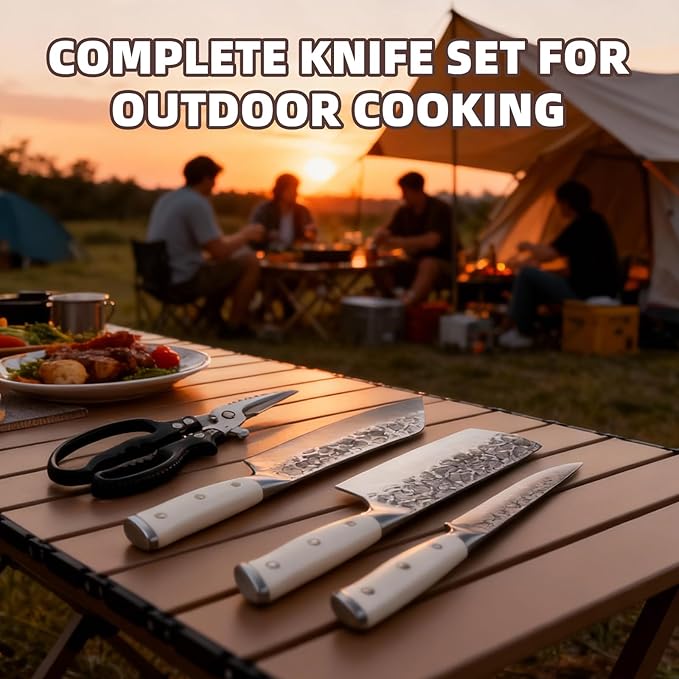 KOFERY Hand Forged Damascus Chef Knife Set with Roll Bag and Sharpener - Ideal for Culinary, Camping and BBQ(Off-White Handle)