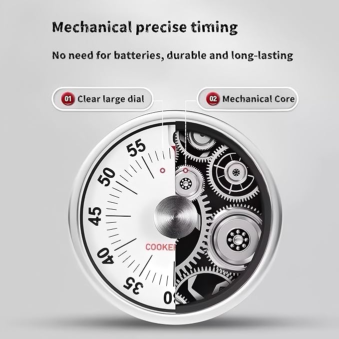 Kitchen Timers for Cooking, Magnetic 60 Minute Mechanical Wind Up Timer Manual with Loud Alarm and Stainless Steel Body for Chef Home Baking Cooking Oven Salon (White - 1Pcs)