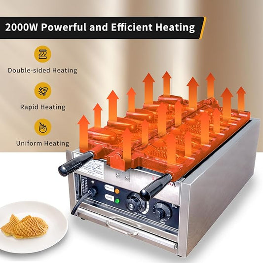 Taiyaki Fish Waffle Maker 110V/Commercial Use Jam or Ice Cream Waffle Maker/Stainless Steel 5 Big Open-Mouth Fish Non-Stick Teflon Coating Taiyaki Maker/50-300℃/122-572℉ Adjustable