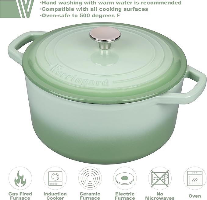 VORRINGARD Enameled Cast Iron Dutch Oven Pot with Lid, for Bread Baking, Round Bread Oven- include Sourdough Bread Baking Supplies Set, 6QT, Green