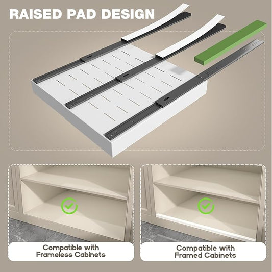 1 Pack Pull Out Cabinet Organizer 22" Deep,Full Extension 3 Slide Rails Slide Out Drawers With Raising Pad for Framed Cabinets,Expandable Width (12.3"-20.5"),No Drill Roll Out shelf,White