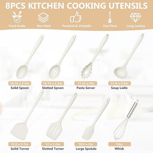 TeamFar 8 PCS Silicone Cooking Utensils - 446°F Heat Resistant Kitchen Silicon Utensils Set, Turner, Spatula, Spoon, Whisk, Kitchen Cooking Gadgets Tools for Nonstick Cookware, Dishwasher Safe-White