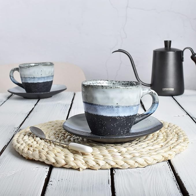 Bosmarlin Stoneware Coffee Cup Mug with Saucer Set of 2 for Latte, Cappuccino, Tea, Oz, Dishwasher and Microwave Safe (Black, 2)