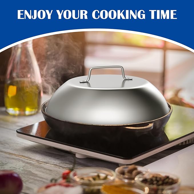 SafBbcue 10" Cast Iron Large Bacon Press & Steam Cover, 12" Round Stainless Steel Steamer Melting Dome, Heavy Duty Griddle Press XL for Blackstone Flat Top Grill