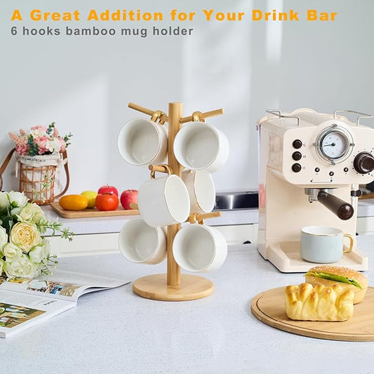 Bamboo Mug Tree for Counter, 6 Hooks Detachable Coffee Mug Holder, Decorative Mug Racks for Coffee Bar