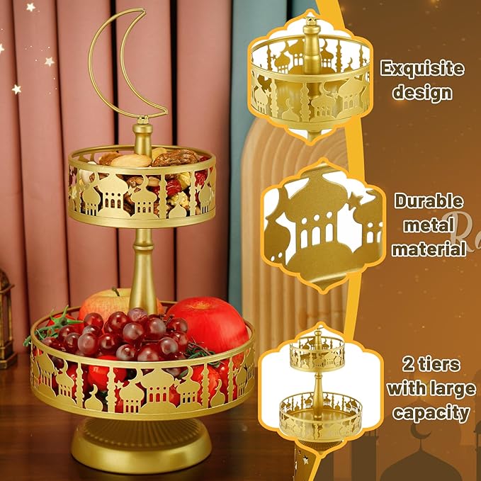 2 Tiered Ramadan Serving Trays Decorations for Home - Eid Mubarak Metal Platters Table Decor Gifts, Islam Muslim Al-Fitr Iftar Party Food Display Dishes (Palace Pattern)