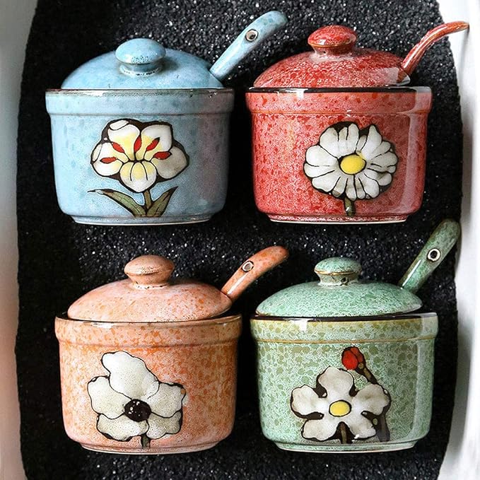 VanEnjoy Retro Hand Painted Flower Ceramic Round Sugar Bowls Spice Containers Porcelain Jar with Spoon Round Condiment