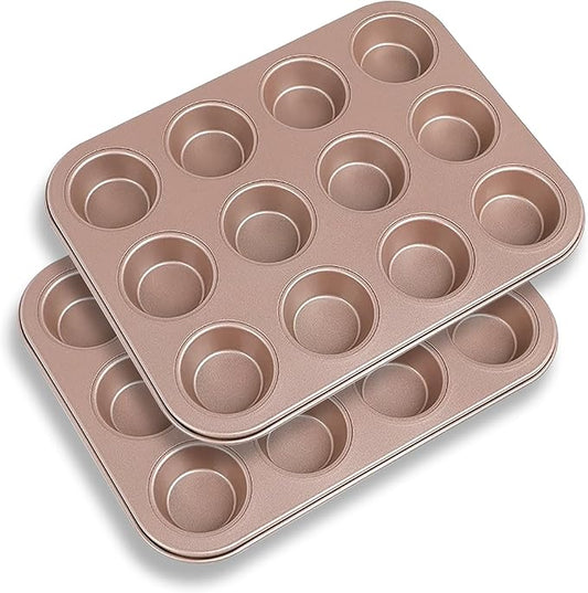 Cayanmydery 12-Cup Muffin Pan Tin for Baking, 2 Packs Nonstick Cupcake Pan Tin, Cup Cake Tray, Cheesecake Pans, Gold