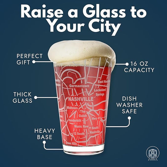 Greenline Goods – Nashville, TN Map Pint Beer Glasses (Set of 2), 16 oz – Etched Wrap Design