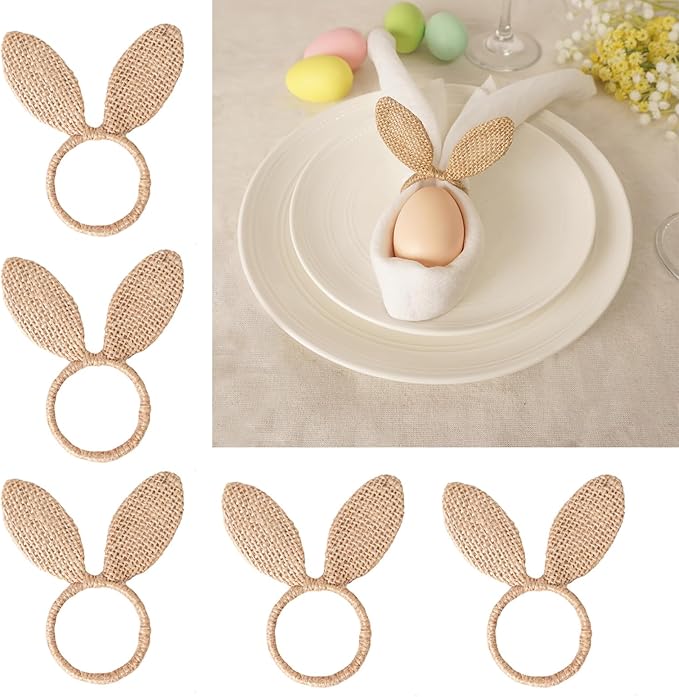 Easter Napkin Rings Set of 6, Burlap Jute Bunny Ear Napkin Rings, Rabbit Ear Napkin Ring Holders for Easter Party Banquet Dinning Spring Table Decoration