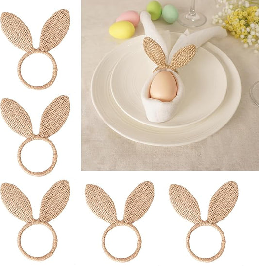 Easter Napkin Rings Set of 6, Burlap Jute Bunny Ear Napkin Rings, Rabbit Ear Napkin Ring Holders for Easter Party Banquet Dinning Spring Table Decoration