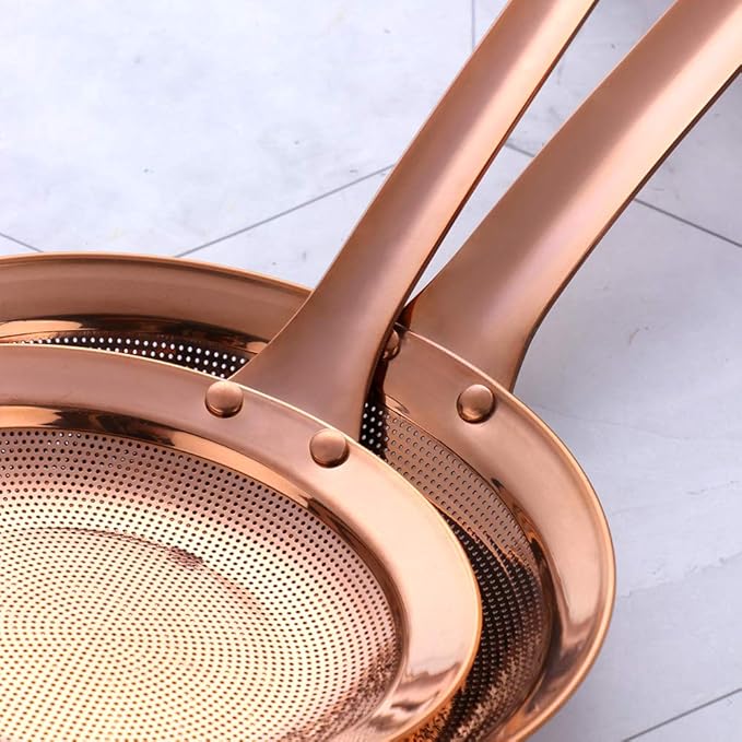 Set of 2 Food Strainers Fine Mesh, Mingcheng 304 Stainless Steel Hot Pot Fat Skimmers for Cooking Grease Gravy and Foam with Long Handle, Small(Dia 3.54in) and Large(Dia 4.53in) Size Rose Gold