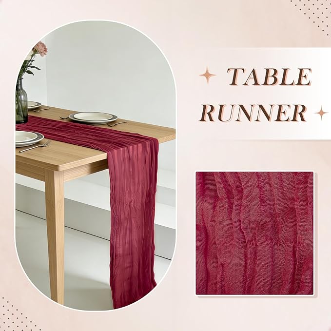 3 Pack Burgundy Cheesecloth Table Runner -17×120 Inch Gauze 10 FT Long Cheese Cloth Table Runners for Bridal Wedding Party Baby Shower Holiday Birthday Home Easter Decor (Burgundy, 3PC)