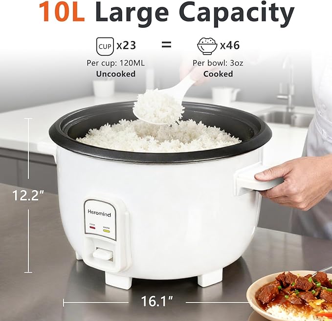 Heromind Commercial Rice Cooker, 46-Cup Rice Cooker, 9Qt / 10 L Large Rice Cooker with Nonstick Inner Pot, Fast Cooking and Auto Keep Warm, with Rice Cup and Paddle, Easy to Clean, 1600W