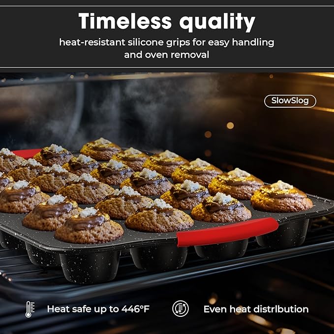 Slow Slog 11-Piece Nonstick Stackable Baking Pans Set, Toxin-Free Bakeware Sets, Baking Pan Set with Silicone Handles, Includes Cookie Sheets, Loaf Pan, Pizza Pan, Muffin Pan, Red&Black