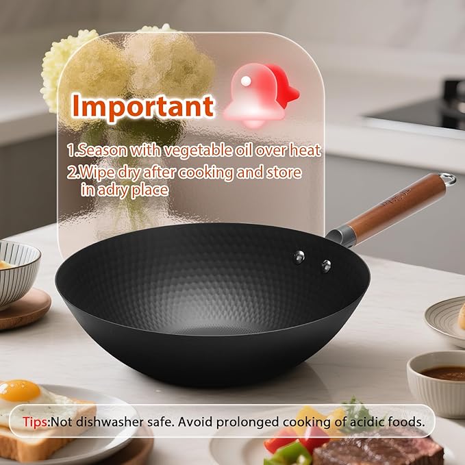 WANGYUANJI 12.6 Inch Carbon Steel Wok with Lid and Metal Spatula, Flat Bottom Uncoated Lightweight Wok Pan with Wooden Handle for Stir-Fry, Gas, Electric and Induction