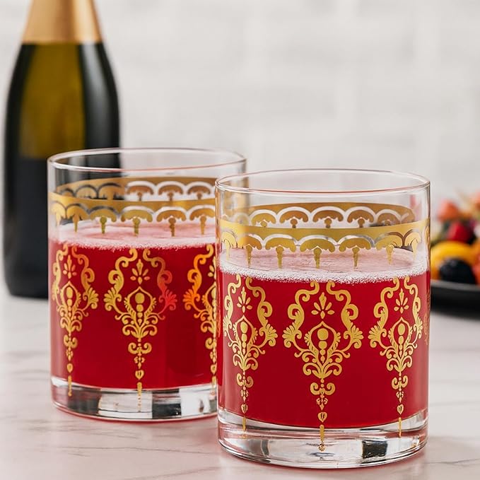 Khen Pink Moroccan Tumbler Glassware | Set of 2 | Gold Ornate Vintage Decorative Drinking Cups, Retro Bohemian Pattern Barware for Water, Whiskey, Cocktail, Iced Tea, Durable Embossed Home Drinkware