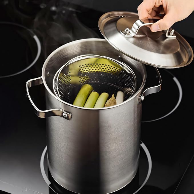 Asparagus Pot, Stainless Steel Asparagus Steamer Pot & Spaghetti Pasta Cooker with Perforated Steamer Basket - 3-Ply Base, 4.3L/1.14Gal, Versatile Cookware ﻿ ﻿