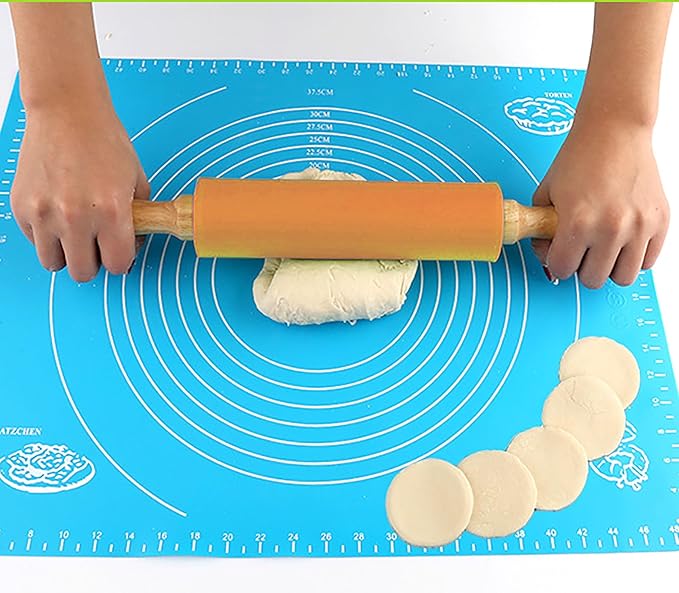 Silicone Rolling Pin, Orange 9 Inch Pin with Wooden Rotatable Handle for Dough of Baking Bread, Cookie, Pizza (orange, 9 inch)
