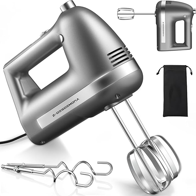 Z-DESDEMONA Electric Hand Mixer, Powerful Hand Mixer Electric Handheld with 304 Beaters, Dough Hook,Hand Held Mixer with Turbo for Baking Cakes, Eggs, Cream Food(Grey)