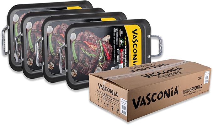 Vasconia 4 Pack Durable Double Burner Griddle (17″ x 10″) 100% Pure Aluminum with Nonstick - NSF Certified - for Frying, Searing, Grilling, Browning, Ideal for Home & Commercial Kitchen