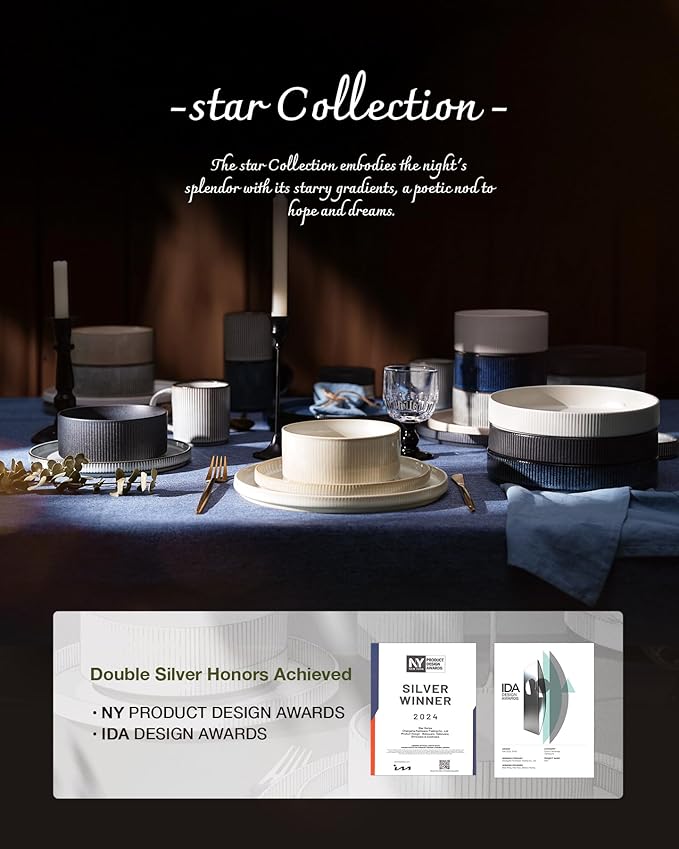 Famiware Star Dinnerware Sets, Plates and Bowls Set for 4, 12 Pieces Ribbed Dishes - Chip and Scratch Resistant, Microwave and Dishwasher Safe Tableware, Matte White