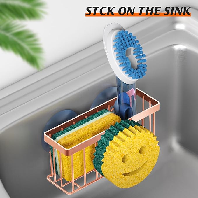 Sponge Holder Smiley Face, Caddy for Kitchen Sink,Sponge Holder with 2 PCS Suction Cups/1 PCS Adhesive Strips,Designed for Sponge,Soap,Dish Brush,Scrubber-Rose Gold