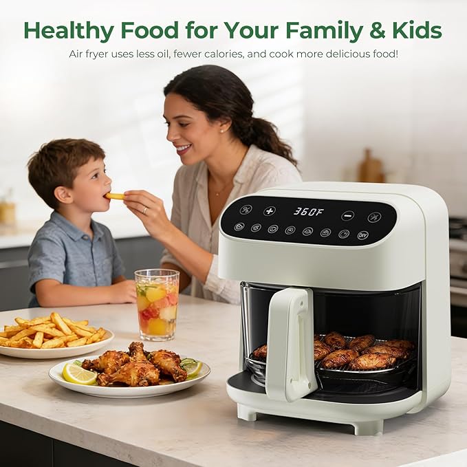 Havato 5 Quart Glass Air Fryer, Non-Toxic High Borosilicate Glass Basket with No Coating, Air Fryer Oven with 8 Preset Modes, PTFE/PFAS Free, Visible Window, Dishwasher Safe, White