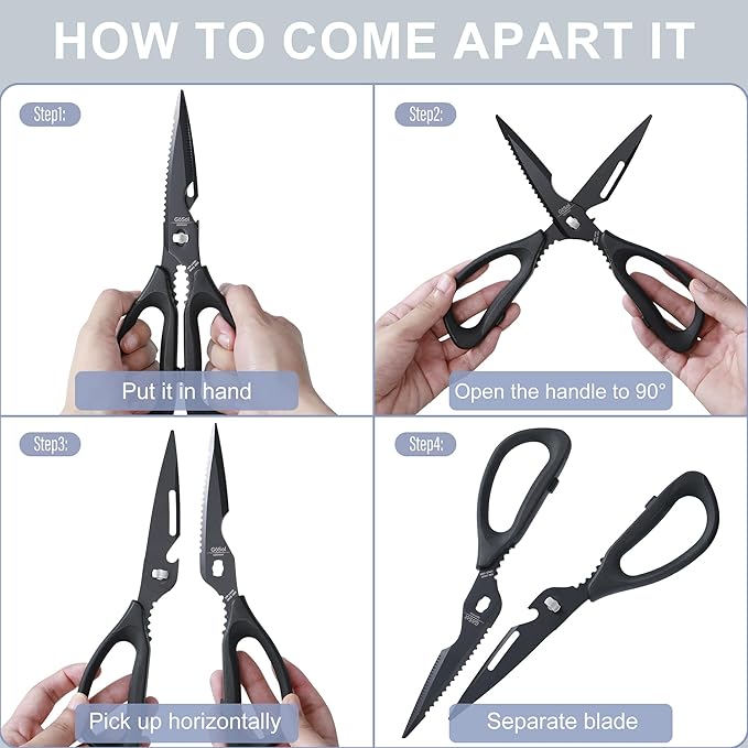 Kitchen Shears Kitchen Scissors Come Apart with Serrated Blade Premium Black Titanium Plated Stainless Steel Kitch Scissors for Food Heavy Duty Chicken Bone Nutcracker Bottle Can Opener 01A