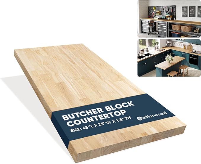 48''L x 25''W x 1.5''Th Hevea Solid Wood Butcher Block Countertop, Butcher Block Table Top for DIY Washer Dryer/Island/Kitchen Countertop (Unfinished)
