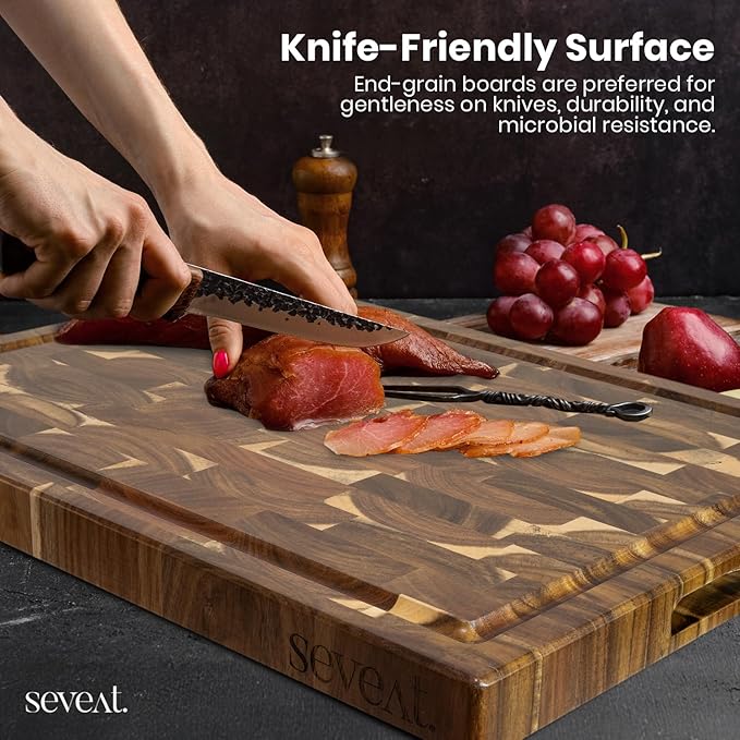 End Grain Cutting Board - Acacia Wood Double-Sided Butcher Block for Kitchen with Juice Groove & 3 Pockets, Durable Wooden Chopping Board, Wood Cutting Boards for Kitchen & Meal Prep (Brown)