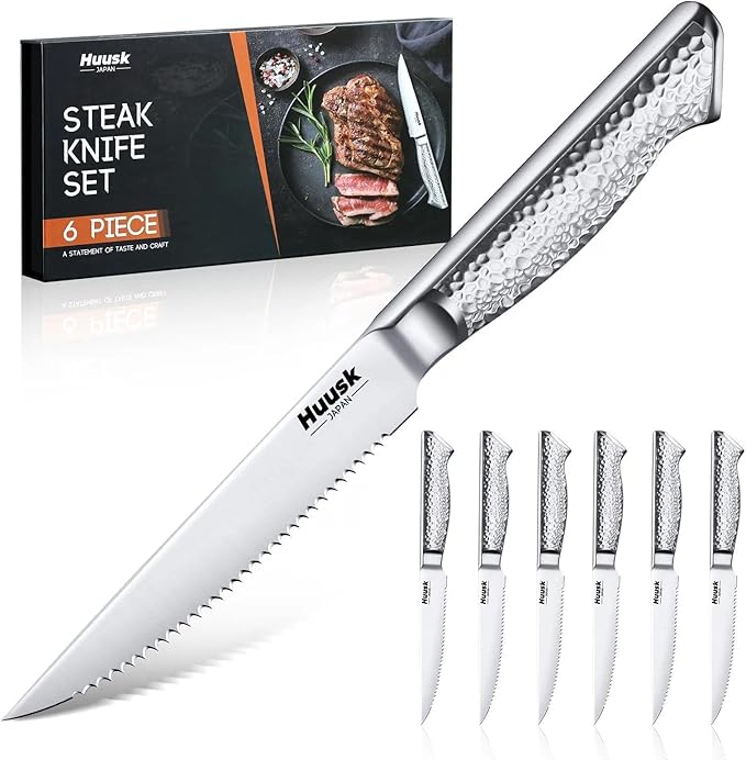 Huusk Japanese Steak Knives Set of 6-4.5" Serrated Steak Knife Set Dishwasher Safe, Stainless Steel Steaks Knives, One-Piece Structure with Anti-slip Handle, Gifts for Men Women