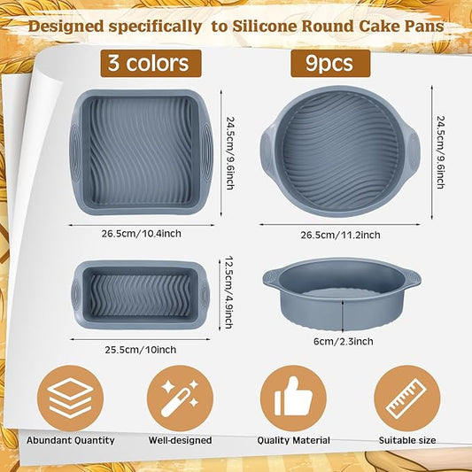 Baderke 9 Pack Silicone Baking tray Set Includes Silicone Round Cake Pan, Square Cake Pan and Bread Loaf Mold, Non Stick, Easy Release, Heat Resistant for Baking Cakes Brownies Cheesecakes