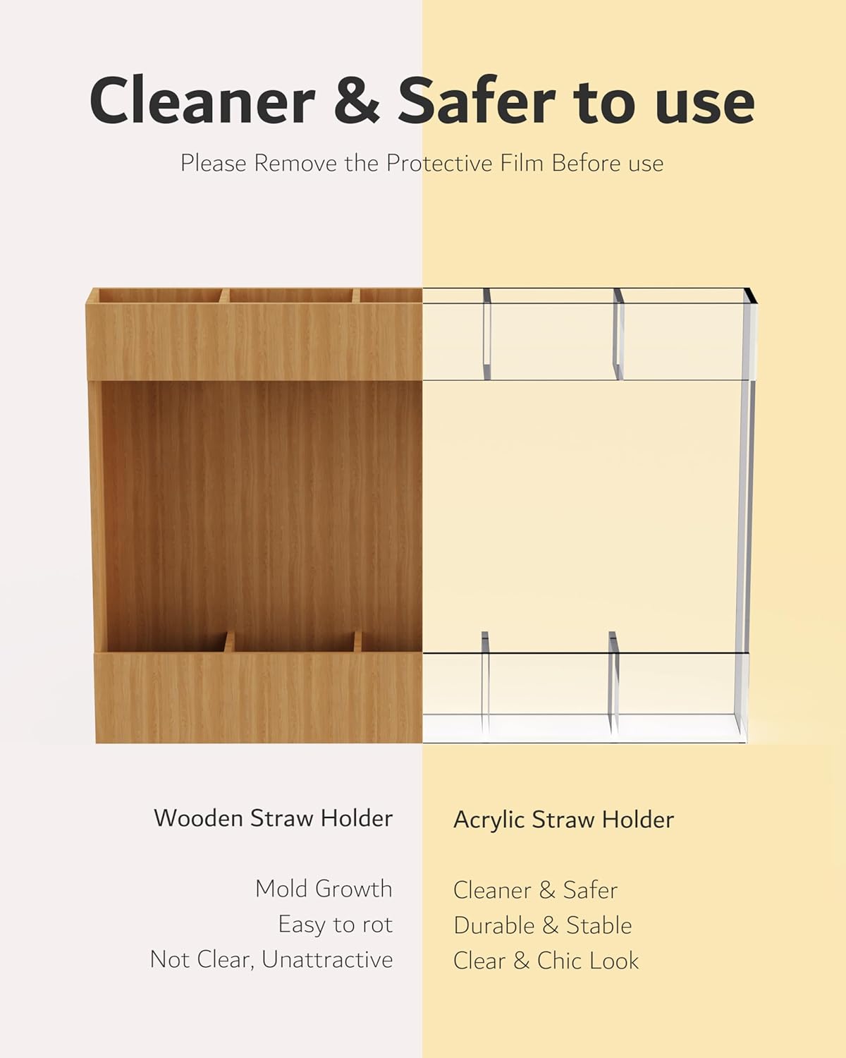 Upgraded 9.6'' Large Acrylic Straw Holder for Cabinet Door, Space-Saving Straw Organizer Storage Dispenser for Cabinet Doors or Countertops, Strong Adhesive Double-sided Tape Included