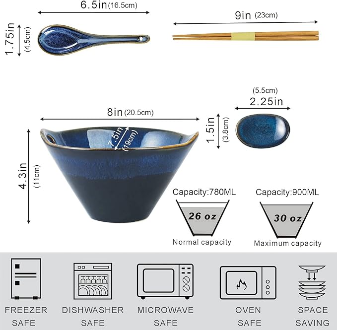 UNICASA Japanese Ramen Bowl Set with Chopsticks, Spoons and Rests, 26oz Deep Porcelain Noodle Bowl Set of 2 for Udon, Pho, Salad, Soup (Reactive Blue)