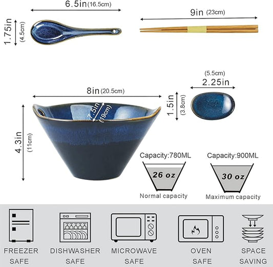 UNICASA Japanese Ramen Bowl Set with Chopsticks, Spoons and Rests, 26oz Deep Porcelain Noodle Bowl Set of 2 for Udon, Pho, Salad, Soup (Reactive Blue)