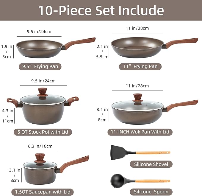 RATWIA 10 Pcs Pots and Pans Set Non Stick, Kitchen Cookware Sets with Frying Pans, Saucepans, Steamer Compatible with All Stoves Restaurant,Black