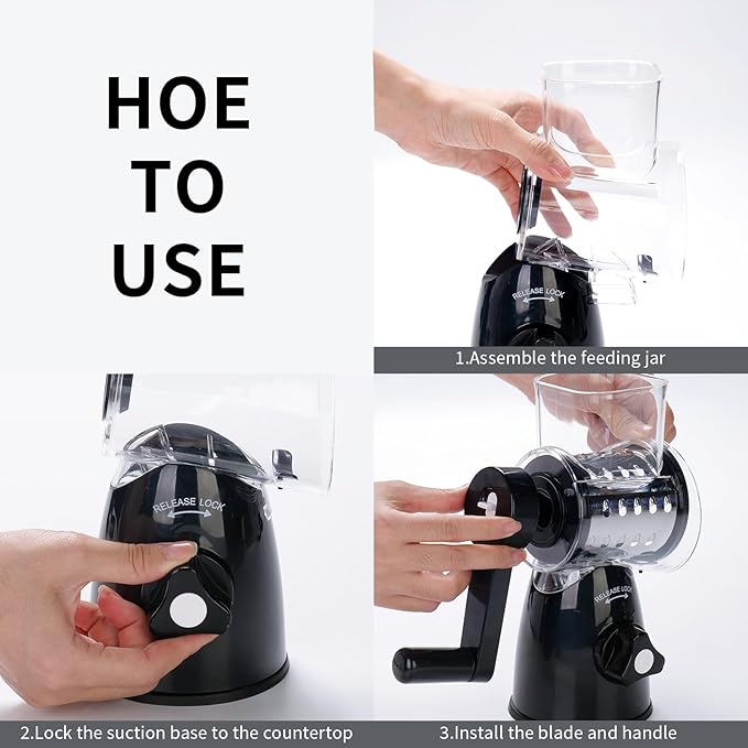 JIUMEXES Rotary Cheese Grater Hand Crank with 3-in-1 Blades - Fast, Safe & Effortless Grating, Perfect for Cheese, Vegetables & Chocolate, BPA-Free with Steel Drums,Black