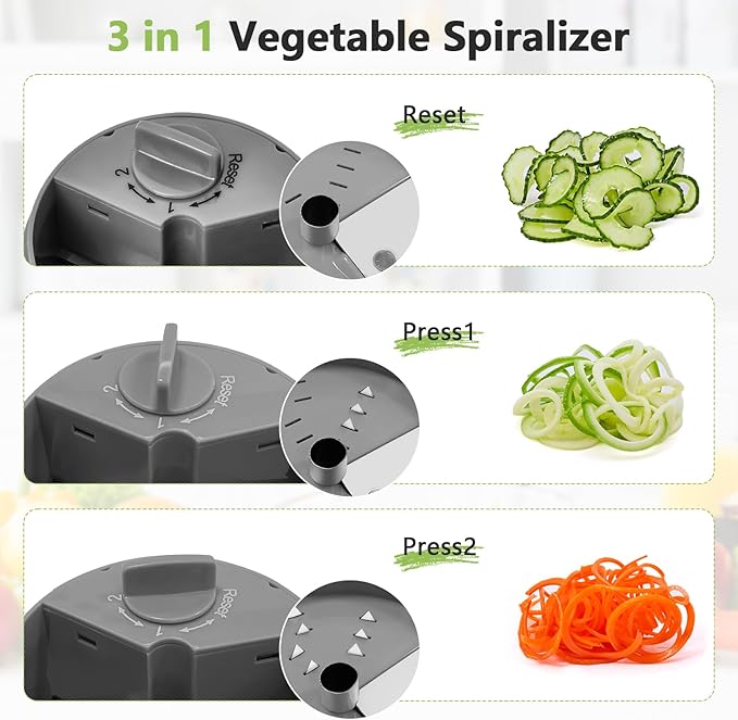 3-in-1 Vegetable Spiralizer Slicer, Adjustable Mandoline Spiral Cutter for Zucchini Noodles, Carrots, Cucumber (Grey)