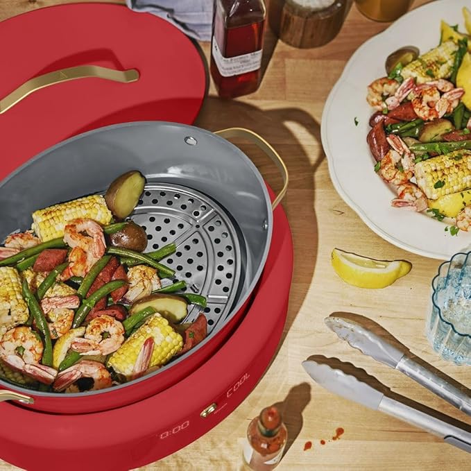 Beautiful 10-in-1 Electric Multi-Cooker, 6-Quart, Digital Display, Non-Stick Pot, One-Touch Control, 10 Cooking Functions (Tomato Red)