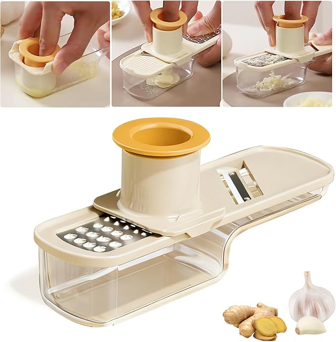 Mini Multifunctional Garlic Grinder, 3-in-1 Garlic Slicer Veggie Shredder with Container, Durable Stainless Steel Blades, Easy to Use and Clean for Kitchen (White)
