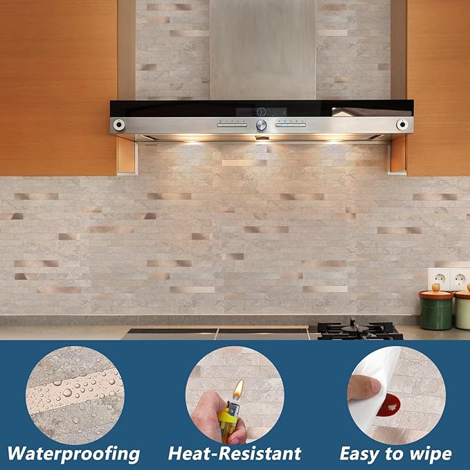 Yipscazo 10 Sheets PVC Wall Tiles Stick on Tiles for Backsplash Kitchen, Bathroom, Laundry Room, Camper, Fireplace (6'' X 12'', Stone)