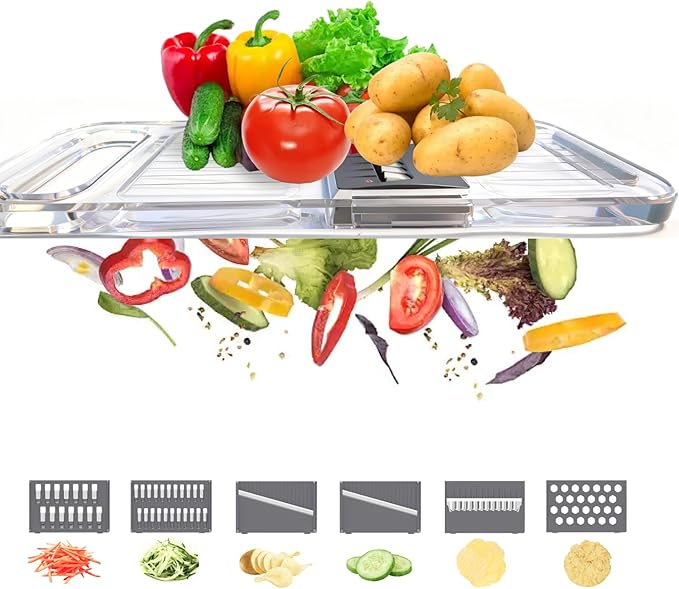 6-in-1 Mandoline Slicer for Kitchen - Easy to Use Vegetable Chopper & Compact Julienne Slicer with Safe Guard & Crystal Clear Body - Handheld Food Slicer Cutter for Healthy Salad, Potato, Onion