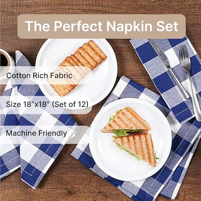LFH Home 100% Cotton Cloth Reusable Dinner Napkins Set of 12 Washable Soft Decorative Buffalo Plaid Gingham and Checkered Table Napkins for Holidays Wedding Farmhouse Decor 18x18 Inch - Blue & White